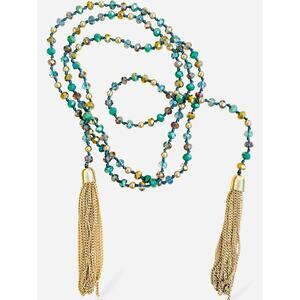 Lariat Necklace Striking Gold and Emerald Green Tones Tassels at Ends